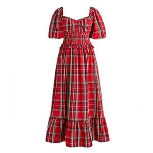 J CREW SMOCKED WAIST PUFF SLEEVE DRESS -GOOD TIDINGS PLAID w/ POCKETS SZ XL